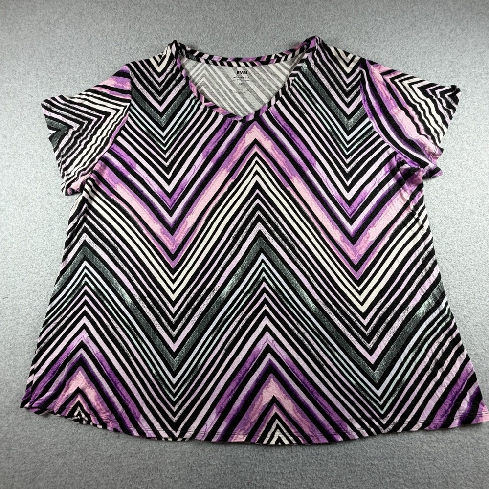 EVRI 2X Top Plus Sz V-Neck T-Shirt Purple Chevron Geometric Y2K Boho Whimsigoth